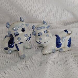 Vintage Enesco Ceramic Blue and White Cow Figurines